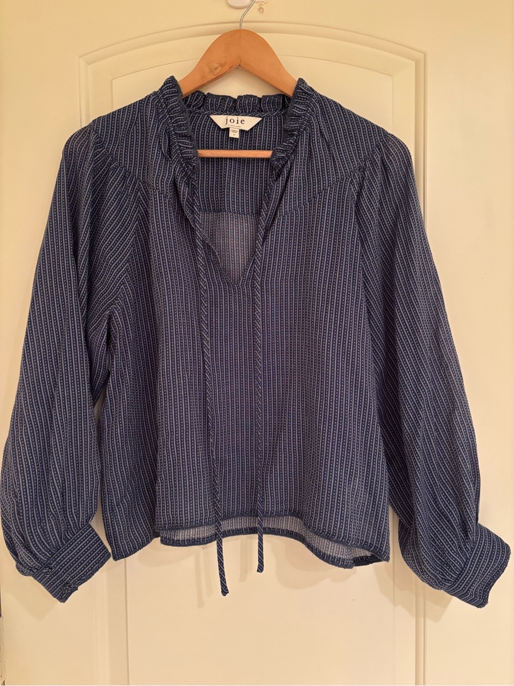 Joie Navy Dobby Stripe Ruffle Neck Drawstring Hem Cotton Blouse Size M
